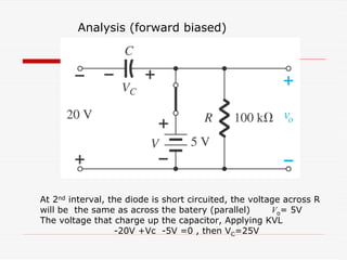 Analysis (forward biased)
At 2nd interval, the diode is short circuited, the voltage across R
will be the same as across the batery (parallel) Vo= 5V
The voltage that charge up the capacitor, Applying KVL
-20V +Vc -5V =0 , then VC=25V
 