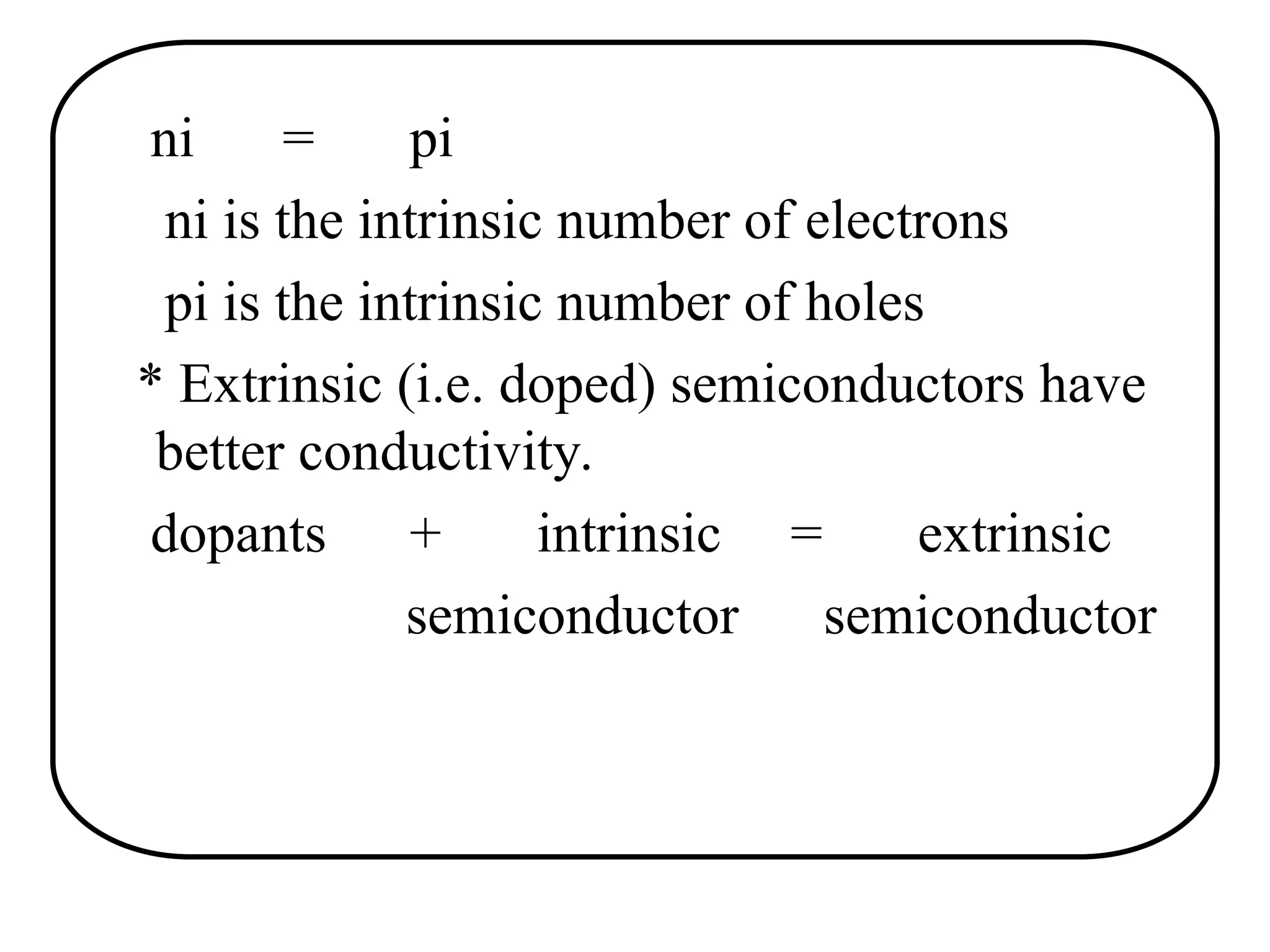 ni = pi
ni is the intrinsic number of electrons
pi is the intrinsic number of holes
* Extrinsic (i.e. doped) semiconductors have
better conductivity.
dopants + intrinsic = extrinsic
semiconductor semiconductor
 
