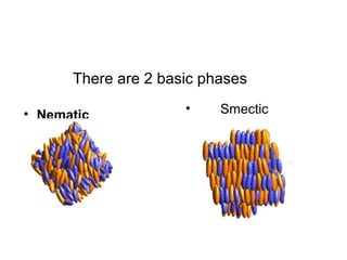 • Nematic • Smectic
There are 2 basic phases
 