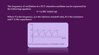 The frequency of oscillation of a PUT relaxation oscillator can be expressed by
the following equation:
F = 1/ (RC ln(1/(1-η))
Where F is the frequency, η is the intrinsic standoff ratio, R is the resistance
and C is the capacitance.
 
