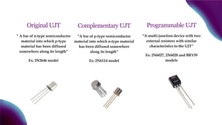 Original UJT
“ A bar of n-type semiconductor
material into which p-type
material has been diffused
somewhere along its length”
Ex: 2N2646 model
Complementary UJT
“A bar of p-type semiconductor
material into which n-type material
has been diffused somewhere
along its length”
Ex: 2N6114 model
Programmable UJT
“A multi-junction device with two
external resistors with similar
characteristics to the UJT”
Ex: 2N6027, 2N6028 and BRY39
models
 
