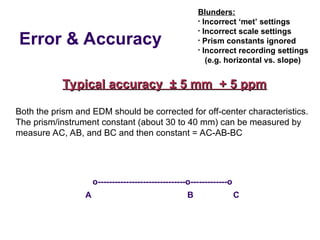 Error & Accuracy
o-------------------------------o-------------o
A B C
Typical accuracy ± 5 mm + 5 ppm
Typical accuracy ± 5 mm + 5 ppm
Both the prism and EDM should be corrected for off-center characteristics.
The prism/instrument constant (about 30 to 40 mm) can be measured by
measure AC, AB, and BC and then constant = AC-AB-BC
Blunders:
• Incorrect ‘met’ settings
• Incorrect scale settings
• Prism constants ignored
• Incorrect recording settings
(e.g. horizontal vs. slope)
 