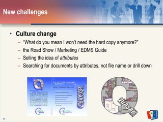 11New challengesCulture change“What do you mean I won’t need the hard copy anymore?”the Road Show / Marketing / EDMS GuideSelling the idea of attributesSearching for documents by attributes, not file name or drill down