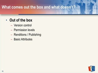 15What comes out the box and what doesn’t?Out of the box