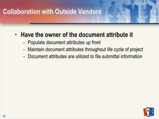 22Security / PermissionsViewer Log In23SearchingViewer Criteria Search24SearchingViewer Results of Search25Collaboration with Outside VendorsHave the owner of the document attribute it