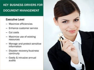 Executive Level
–Maximize efficiencies
–Enhance customer service
–Cut costs
–Maximize use of existing resources
–Manage and protect sensitive information
–Disaster recovery/business continuity
–Costly & intrusive annual audits
KEYBUSINESS DRIVERS FOR DOCUMENT MANAGEMENT