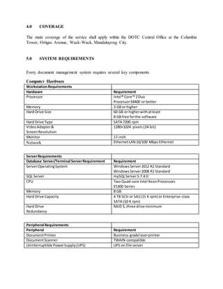 4.0 COVERAGE
The main coverage of the service shall apply within the DOTC Central Office at the Columbia
Tower, Ortigas Avenue, Wack-Wack, Mandaluyong City.
5.0 SYSTEM REQUIREMENTS
Every document management system requires several key components.
Computer Hardware
WorkstationRequirements
Hardware Requirement
Processor Intel® Core™ 2Duo
ProcessorE8400 or better
Memory 3 GB or higher
Hard Drive Size 60 GB or higherwithatleast
8 GB free forthe software
Hard Drive Type SATA 7200 rpm
VideoAdapter&
ScreenResolution
1280×1024 pixels(24-bit)
Monitor 17-inch
Network EthernetLAN 10/100 Mbps Ethernet
ServerRequirements
Database Server/Terminal ServerRequirement Requirement
ServerOperatingSystem WindowsServer2012 R2 Standard
WindowsServer2008 R2 Standard
SQL Server mySQLServer5.7.4.0
CPU Two Quad-core Intel XeonProcessors
E5300 Series
Memory 8 GB
Hard Drive Capacity 4 TB SCSI or SAS(15 K rpm) or Enterprise-class
SATA (10 K rpm)
Hard Drive
Redundancy
RAID 5, three drive minimum
Peripheral Requirements
Peripheral Requirement
DocumentPrinter Business-gradelaserprinter
DocumentScanner TWAIN-compatible
Uninterruptible PowerSupply(UPS) UPS on file server
 