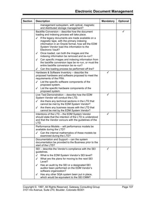 Electronic Document Management
Copyright ©, 1997, All Rights Reserved, Gateway Consulting Group Page 107
3101 Iris Avenue, Suite 270, Boulder, Colorado 80301
Section Description Mandatory Optional
management subsystem, with optical, magnetic
and distributed storage management?
Backfile Conversion – describe how the document
loading and indexing process will take place.
3 If the legacy documents are made available on a
magnetic tape, with the primary indexing
information in an Oracle format, how will the EDM
System Vendor load this information to the
Electronic Vault?
3 Once loaded, can both the images and the
indexing information be removed and re–run?
3 Can specific images and indexing information from
the backfile conversion tape be re–run, or must the
entire backfile conversion be re–run?
3 Can this loading process be performed off line?
3
Hardware & Software Inventory – describe the
proposed hardware and software proposed to meet the
requirements of the FRA.
3 List the specific software components of the
proposed system.
3 List the specific hardware components of the
proposed system.
3
Live Test Demonstration – describe how the EDM
System Vendor will conduct the LTD.
3 Are there any technical sections in the LTD that
cannot be met by the EDM System Vendor?
3 Are there any business issues with the LTD that
cannot be met by the EDM System Vendor?
3
Intentions of the LTD – the EDM System Vendor
should state that the intention of the LTD is understood
and that the Vendor concurs with the guidelines of the
LTD.
3
Performance Models – will performance models be
available during the LTD?
3 Can the internal mathematics of these models be
examined during the LTD?
Documentation and Support – can the system
documentation be provided to the Business prior to the
start of the LTD?
SEI – describe the Vendor’s compliance with the SEI
guidelines.
3 What is the EDM System Vendor’s SEI level?
3 What are the plans for moving to the next SEI
Level?
3 Has an audit by the SEI or a designated SEI
auditor been performed on the EDM Vendor’s
software organization?
3 Has any other SQA system been put in place,
which would be equivalent to the SEI CMM?
3
 