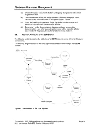 Electronic Document Management
Copyright ©, 1997, All Rights Reserved, Gateway Consulting Group Page 26
3101 Iris Avenue, Suite 270, Boulder, Colorado 80301
(a) Work in Progress – documents that are undergoing changes and in the initial
stages of creation.
(b) Calculations made during the design process – electronic and paper based
calculations will be placed in the EDM System Project Folders.
(c) Notes and meeting minutes taken during the design process – paper and
electronic information will be captured in a folder.
(d) Commentary on the documents and drawings produced as controlled
documentation – any other supporting information will be placed in a folder
associated with the project, the author or other indexing methods.
2.5. TECHNICAL ATTRIBUTES OF THE EDM SYSTEM
The following sections describe the attributes of an EDM System in terms of their architecture
and behavior.
The following diagram describes the various processes and their relationships in the EDM
System:
Document
Capture
Document
Indexing
Security
Document
Retreival
Document
Printing
Mgmnt
of
Change
Document
Viewing
Document
Markup
Original Documents
Comit Docs
Validate User
Validate
User
Retreival
Index
Print
Request
Update Document
Check–In
Query
Figure 2.1 – Functions of the EDM System
 