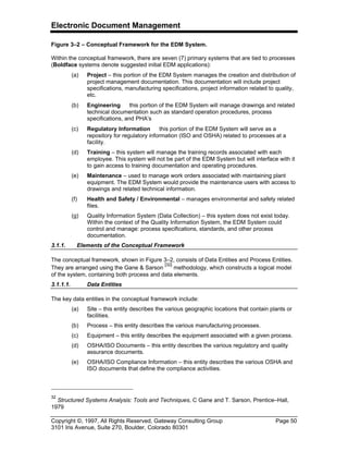 Electronic Document Management
Copyright ©, 1997, All Rights Reserved, Gateway Consulting Group Page 50
3101 Iris Avenue, Suite 270, Boulder, Colorado 80301
Figure 3–2 – Conceptual Framework for the EDM System.
Within the conceptual framework, there are seven (7) primary systems that are tied to processes
(Boldface systems denote suggested initial EDM applications):
(a) Project – this portion of the EDM System manages the creation and distribution of
project management documentation. This documentation will include project
specifications, manufacturing specifications, project information related to quality,
etc.
(b) Engineering  this portion of the EDM System will manage drawings and related
technical documentation such as standard operation procedures, process
specifications, and PHA’s
(c) Regulatory Information  this portion of the EDM System will serve as a
repository for regulatory information (ISO and OSHA) related to processes at a
facility.
(d) Training – this system will manage the training records associated with each
employee. This system will not be part of the EDM System but will interface with it
to gain access to training documentation and operating procedures.
(e) Maintenance – used to manage work orders associated with maintaining plant
equipment. The EDM System would provide the maintenance users with access to
drawings and related technical information.
(f) Health and Safety / Environmental – manages environmental and safety related
files.
(g) Quality Information System (Data Collection) – this system does not exist today.
Within the context of the Quality Information System, the EDM System could
control and manage: process specifications, standards, and other process
documentation.
3.1.1. Elements of the Conceptual Framework
The conceptual framework, shown in Figure 3–2, consists of Data Entities and Process Entities.
They are arranged using the Gane & Sarson
[32]
methodology, which constructs a logical model
of the system, containing both process and data elements.
3.1.1.1. Data Entities
The key data entities in the conceptual framework include:
(a) Site – this entity describes the various geographic locations that contain plants or
facilities.
(b) Process – this entity describes the various manufacturing processes.
(c) Equipment – this entity describes the equipment associated with a given process.
(d) OSHA/ISO Documents – this entity describes the various regulatory and quality
assurance documents.
(e) OSHA/ISO Compliance Information – this entity describes the various OSHA and
ISO documents that define the compliance activities.
32
Structured Systems Analysis: Tools and Techniques, C Gane and T. Sarson, Prentice–Hall,
1979
 