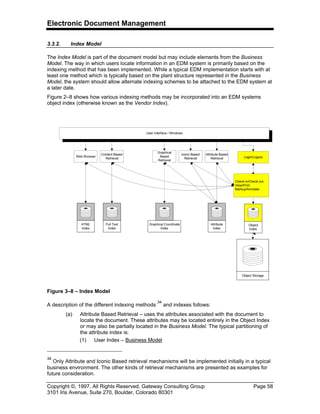 Electronic Document Management
Copyright ©, 1997, All Rights Reserved, Gateway Consulting Group Page 58
3101 Iris Avenue, Suite 270, Boulder, Colorado 80301
3.3.2. Index Model
The Index Model is part of the document model but may include elements from the Business
Model. The way in which users locate information in an EDM system is primarily based on the
indexing method that has been implemented. While a typical EDM implementation starts with at
least one method which is typically based on the plant structure represented in the Business
Model, the system should allow alternate indexing schemes to be attached to the EDM system at
a later date.
Figure 2–8 shows how various indexing methods may be incorporated into an EDM systems
object index (otherwise known as the Vendor Index).
A description of the different indexing methods
34
and indexes follows:
(a) Attribute Based Retrieval – uses the attributes associated with the document to
locate the document. These attributes may be located entirely in the Object Index
or may also be partially located in the Business Model. The typical partitioning of
the attribute index is:
(1) User Index – Business Model
34
Only Attribute and Iconic Based retrieval mechanisms will be implemented initially in a typical
business environment. The other kinds of retrieval mechanisms are presented as examples for
future consideration.
Attribute Based
Retrieval
Iconic Based
Retrieval
Object Storage
Attribute
Index
Full Text
Index
Graphical
Based
Retrieval
Content Based
Retrieval
Graphical Coordinate
Index
Web Browser
HTML
Index
Object
Index
User Interface / Windows
Login/Logout
Check-in/Check-out
View/Print
Markup/Annotate
Figure 3–8 – Index Model
 