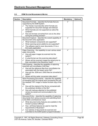 Electronic Document Management
Copyright ©, 1997, All Rights Reserved, Gateway Consulting Group Page 98
3101 Iris Avenue, Suite 270, Boulder, Colorado 80301
5.2. EDM SYSTEM REQUIREMENTS MATRIX
Section Description Mandatory Optional
Document Formats – describe the formats that are
supported by the EDM System.
3 The Vendor must describe which formats are
supported for document storage and retrieval.
3 Which formats are not supported as native file
contents?
3 How are formats converted from one to the other
during the printing process?
3
Document Capture – describe the overall capability of
the document entry application.
3 What hardware components are supported?
3 What scanning server platforms are supported?
3 The software used to scan documents, if it is a
third party application.
3
Paper Scanning – the capability to scan various sized
paper documents.
3 How will paper images be scanned into the
system?
3 In what format can this scanning take place?
3 Where will the scanned images be stored prior to
their committal to the Electronic Vault?
3
CAD Drawing – describe the capability of capturing
AutoCAD and microStation CAD files.
3 How will the reference files from microStation be
associated with the based vector file?
3 How will the .DGN and .DWG files be converted to
raster?
3 Where will this raster conversion take place?
3
Word Processing Documents – describe the capability
of managing both the original word processing file and
the released TIFF image or Adobe Acrobat copy of the
file.
3 How will the original of the file be connected with
the published rendition of the file?
3 How will markups attached to the published
version be stored and communicated to the
author?
3
Document Entry – describe the capability of capturing
documents from various sources and submitting them
to the MOC and Electronic Vault.
3 What document entry features are available in the
Vendor’s product offering?
3 How will these features be used to meet the
requirements of Business?
3 Can batches of documents be scanned and
submitted to the EDM System programmatically?
3
 