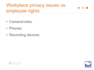 Workplace privacy issues vs.
employee rights
• Camera/video
• Phones
• Recording devices
 