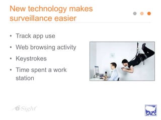 New technology makes
surveillance easier
• Track app use
• Web browsing activity
• Keystrokes
• Time spent a work
station
 