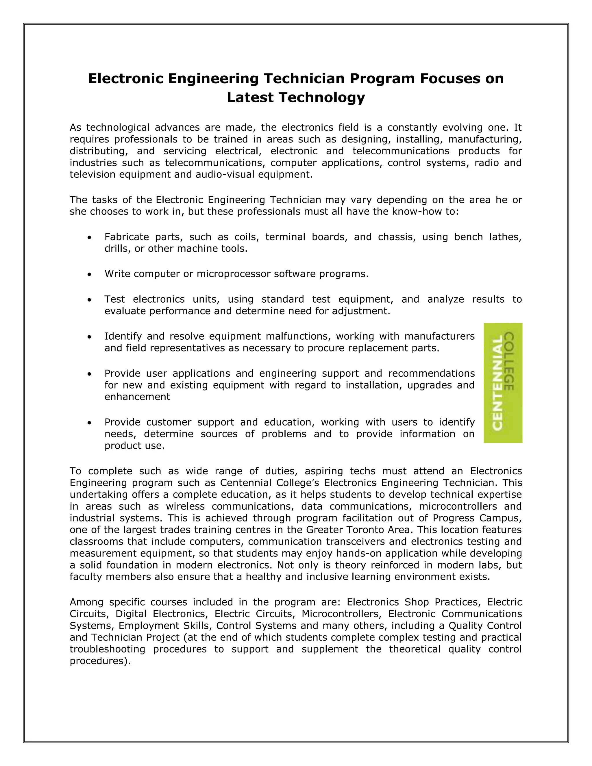 Electronic engineering technician program focuses on latest technology ...
