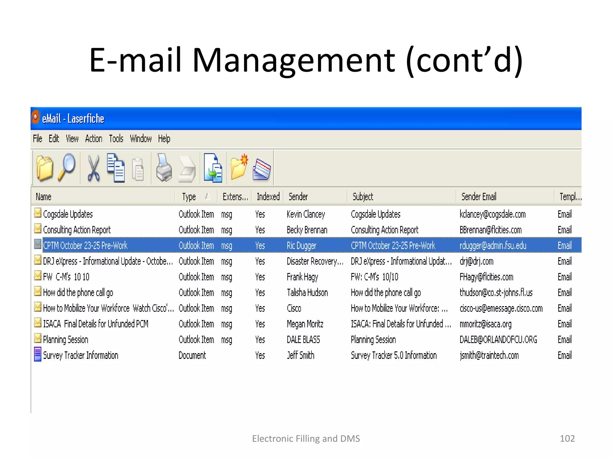 E-­‐mail	
  Management	
  (cont’d)	
  
102	
  Electronic	
  Filling	
  and	
  DMS	
  
 
