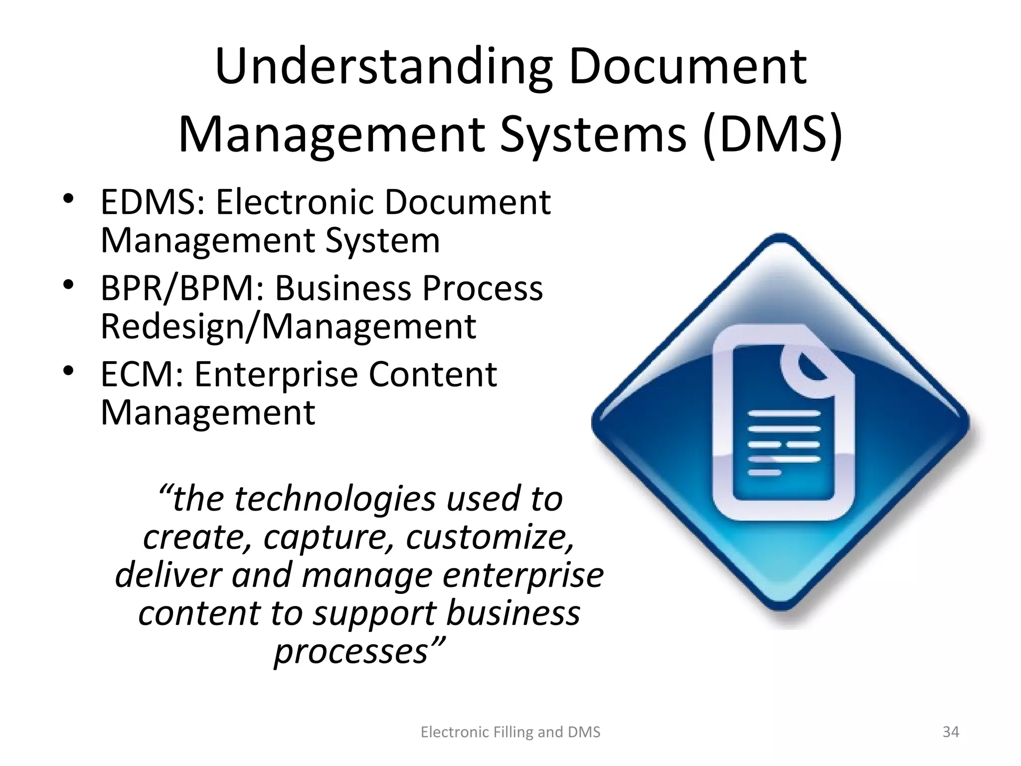 Understanding	
  Document	
  
Management	
  Systems	
  (DMS)	
  
•  EDMS:	
  Electronic	
  Document	
  
Management	
  System	
  
•  BPR/BPM:	
  Business	
  Process	
  
Redesign/Management	
  
•  ECM:	
  Enterprise	
  Content	
  
Management	
  
	
   “the	
  technologies	
  used	
  to	
  
create,	
  capture,	
  customize,	
  
deliver	
  and	
  manage	
  enterprise	
  
content	
  to	
  support	
  business	
  
processes”	
  
34	
  Electronic	
  Filling	
  and	
  DMS	
  
 