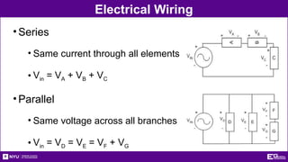 Electrical Wiring
•Series
• Same current through all elements
• Vin = VA + VB + VC
•Parallel
• Same voltage across all branches
• Vin = VD = VE = VF + VG
 
