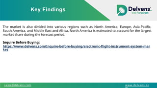 Key Findings
sales@delvens.com www.delvens.co
The market is also divided into various regions such as North America, Europe, Asia-Pacific,
South America, and Middle East and Africa. North America is estimated to account for the largest
market share during the forecast period.
Inquire Before Buying:
https://www.delvens.com/Inquire-before-buying/electronic-flight-instrument-system-mar
ket
 