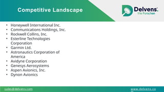 Competitive Landscape
sales@delvens.com www.delvens.co
• Honeywell International Inc.
• Communications Holdings, Inc.
• Rockwell Collins, Inc.
• Esterline Technologies
Corporation
• Garmin Ltd.
• Astronautics Corporation of
America
• Avidyne Corporation
• Genesys Aerosystems
• Aspen Avionics, Inc.
• Dynon Avionics
 