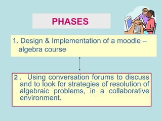 PHASES
2. Using conversation forums to discuss
and to look for strategies of resolution of
algebraic problems, in a collaborative
environment.
1. Design & Implementation of a moodle –
algebra course
 
