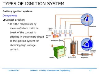 TYPES OF IGNITION SYSTEM
11/24/2020 16MT407 - Theory of Automobile Engineering 11
Battery ignition system:
Components
 Contact Breaker:
 It is the mechanism by
means of which make or
break of the contact is
affected in the primary circuit
of the ignition system for
obtaining high voltage
current.
 