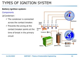 TYPES OF IGNITION SYSTEM
11/24/2020 16MT407 - Theory of Automobile Engineering 12
Battery ignition system:
Components
 Condenser:
 The condenser is connected
across the contact breaker.
 Prevents the arcing at the
contact breaker points at the
time of break in the primary
circuit
 