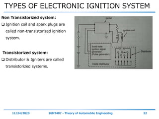 TYPES OF ELECTRONIC IGNITION SYSTEM
11/24/2020 16MT407 - Theory of Automobile Engineering 22
Non Transistorized system:
 Ignition coil and spark plugs are
called non-transistorized ignition
system.
Transistorized system:
 Distributor & Igniters are called
transistorized systems.
 