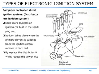 TYPES OF ELECTRONIC IGNITION SYSTEM
11/24/2020 16MT407 - Theory of Automobile Engineering 44
Computer controlled direct
ignition system: (Distributor
less ignition system)
 Each spark plug has an
ignition coil built in the spark
plug cap.
 Ignition takes place when the
primary current is supplied
from the ignition control
module to each coil.
 By replace the distributor &
Wires reduce the power loss
 