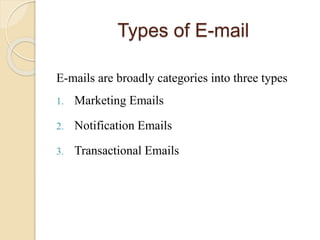 Types of E-mail
E-mails are broadly categories into three types
1. Marketing Emails
2. Notification Emails
3. Transactional Emails
 