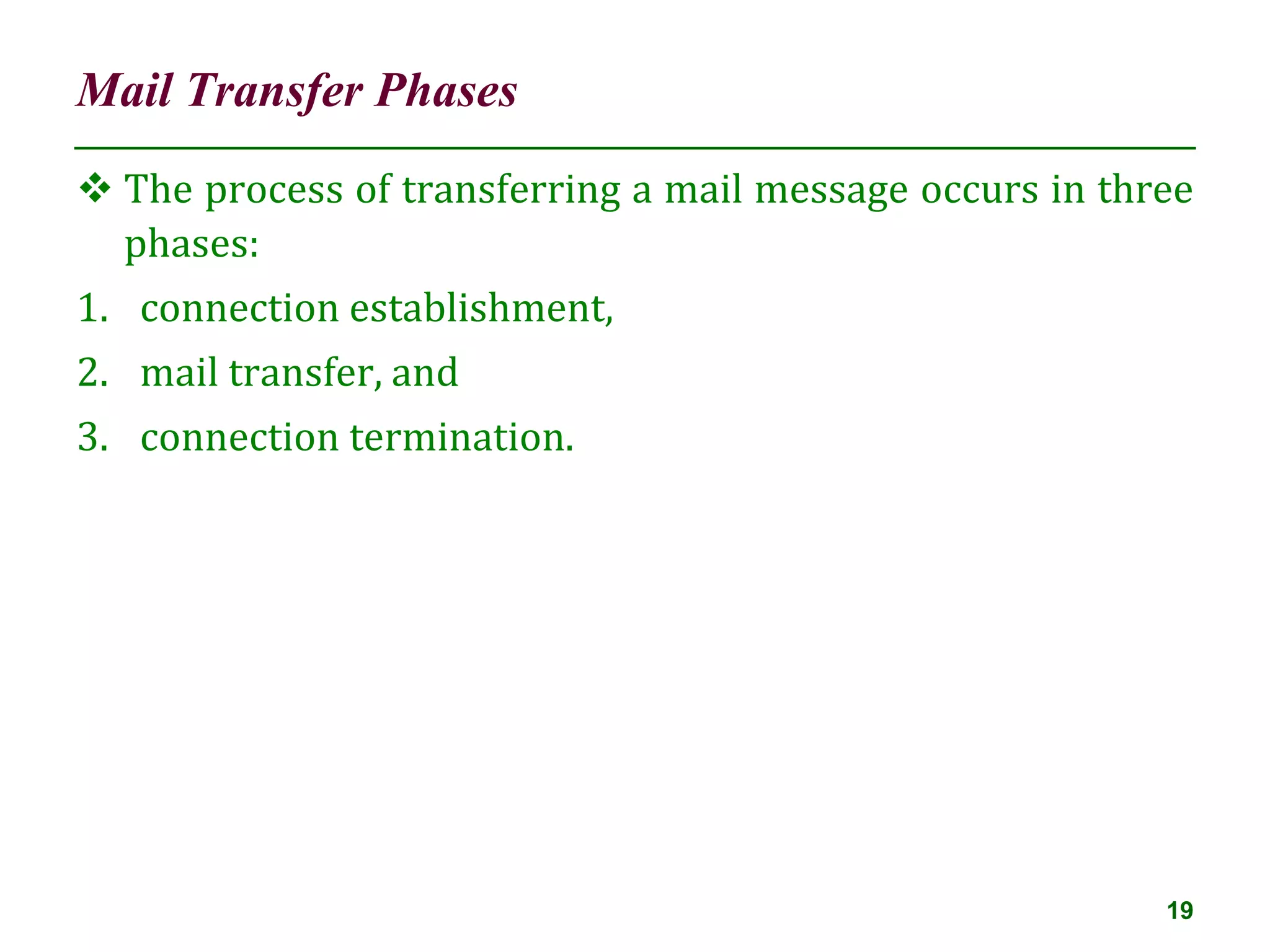 Mail Transfer Phases
19
 The process of transferring a mail message occurs in three
phases:
1. connection establishment,
2. mail transfer, and
3. connection termination.
 