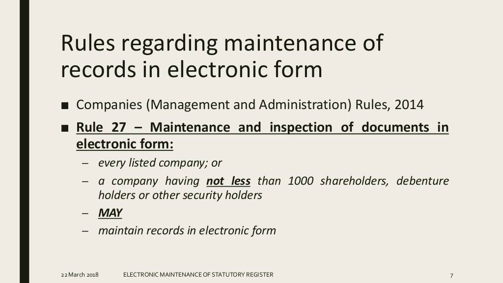 Electronic maintenance of Statutory Register under Companies Act, 2013