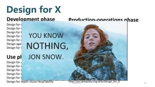 p.seeed.cc 16
https://en.wikipedia.org/wiki/Design_for_X
Development phase
Design for short time to market
Design for reliability
Design for test
Design for safety
Design for quality
Design against corrosion damage
Design for minimum risk
Production-operations phase
Design to cost
Design to standards
Design for assembly
Design for manufacturability
Design for logistics
Design for postponement
Design for Electronic Assemblies
Design for Low-Quantity Production
Use phase
Design for user-friendliness
Design for ergonomics
Design for aesthetics
Design for serviceability
Design for maintainability
Design for repair-reuse-recyclability
Disposal phase
Design for Environment
Design for recycling
Design for Remanufacturing)
Design for X
 