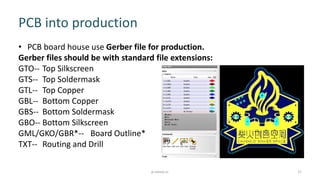 • PCB board house use Gerber file for production.
Gerber files should be with standard file extensions:
GTO-- Top Silkscreen
GTS-- Top Soldermask
GTL-- Top Copper
GBL-- Bottom Copper
GBS-- Bottom Soldermask
GBO-- Bottom Silkscreen
GML/GKO/GBR*-- Board Outline*
TXT-- Routing and Drill
PCB into production
27p.seeed.cc
 