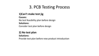 3. PCB Testing Process
1)Can’t make test jig
Causes:
No test feasibility plan before design
Solutions:
Consider test plan before design
2) No test plan
Solutions:
Provide test plan before new product introduction
 