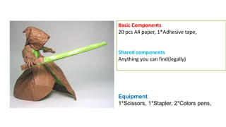 Basic Components
20 pcs A4 paper, 1*Adhesive tape,
Shared components
Anything you can find(legally)
Equipment
1*Scissors, 1*Stapler, 2*Colors pens,
 
