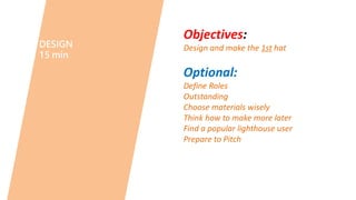 DESIGN
15 min
Objectives:
Design and make the 1st hat
Optional:
Define Roles
Outstanding
Choose materials wisely
Think how to make more later
Find a popular lighthouse user
Prepare to Pitch
 