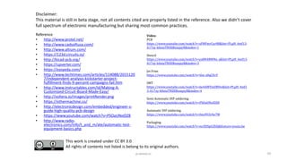 This work is created under CC BY 3.0
All rights of contents not listed is belong to its original authors.
79p.seeed.cc
Disclaimer:
This material is still in beta stage, not all contents cited are properly listed in the reference. Also we didn’t cover
full spectrum of electronic manufacturing but sharing most common practices.
Video:
PCB
https://www.youtube.com/watch?v=sFMFmrCur08&list=PLpH_4mf13-
A17zy-k0oiaTNSXBisxqxyR&index=1
Stencil
https://www.youtube.com/watch?v=ya8N4RWNo_s&list=PLpH_4mf13-
A17zy-k0oiaTNSXBisxqxyR&index=3
Jet Print
https://www.youtube.com/watch?v=Voe-z0qCEvY
SMT
https://www.youtube.com/watch?v=6e4AMTmURVw&list=PLpH_4mf1
3-A17zy-k0oiaTNSXBisxqxyR&index=4
Semi Automatic DIP soldering
https://www.youtube.com/watch?v=PSOaUNxIDZ8
Automatic DIP soldering
https://www.youtube.com/watch?v=fmvFO3rfw7M
Packaging
https://www.youtube.com/watch?v=mrZOSpGZliQ&feature=youtu.be
Reference
• http://www.protel.net/
• http://www.cadsoftusa.com/
• http://www.altium.com/
• https://123d.circuits.io/
• http://kicad-pcb.org/
• https://upverter.com/
• https://easyeda.com/
• http://www.techtimes.com/articles/114088/2015120
7/independent-analysis-kickstarter-project-
fulfillment-finds-9-percent-campaigns-fail.htm
• http://www.instructables.com/id/Making-A-
Customized-Circuit-Board-Made-Easy/
• http://voltera.io/images/printRender.png
• https://othermachine.co/
• http://electronicdesign.com/embedded/engineer-s-
guide-high-quality-pcb-design
• https://www.youtube.com/watch?v=PSOaUNxIDZ8
• http://www.radio-
electronics.com/info/t_and_m/ate/automatic-test-
equipment-basics.php
 