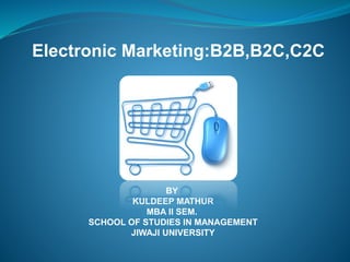 BY
KULDEEP MATHUR
MBA II SEM.
SCHOOL OF STUDIES IN MANAGEMENT
JIWAJI UNIVERSITY
Electronic Marketing:B2B,B2C,C2C
 