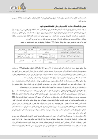 ‫اهمیت‬ ‫و‬ ‫نقل‬ ‫و‬ ‫حمل‬ ‫صنعت‬ ‫در‬ ‫الکترونییک‬ ‫بازارگاه‬ ‫جایگاه‬‫آن‬
4
‫ب‬‫ـ‬‫اروان‬‫بار‬ ‫حمل‬ ‫هوشمند‬ ‫الکترونیکی‬ ‫بازارگاه‬ ‫؛‬
w w w . b a r 1 . i r
‫باربری‬ ‫شرکت‬ ‫و‬ ‫کاال‬ ‫صاحب‬ ،‫راننده‬‫افزارتلفن‬ ‫نرم‬ ‫طریق‬ ‫از‬ ‫ساده‬ ‫خیلی‬‫همراه‬)‫(اپلیکیشن‬‫خدمات‬ ‫تمامی‬ ‫به‬‫دسترسی‬ ‫بازارگاه‬
.‫کند‬ ‫می‬ ‫پیدا‬
‫نقل‬ ‫و‬ ‫حمل‬ ‫دلسوزان‬ ‫با‬ ‫سخنی‬‫برخی‬ ‫باب‬ ‫در‬‫اظهارنظرهای‬‫اخیر‬
‫بازار‬ ‫به‬ ‫ورود‬ ‫در‬ ‫سعی‬ ‫هایی‬ ‫روش‬ ‫اتخاذ‬ ‫با‬ ‫کدام‬ ‫هر‬ ‫که‬ ‫عرصه‬ ‫این‬ ‫در‬ ‫مختلف‬ ‫های‬ ‫آپ‬ ‫استارت‬ ‫بروز‬ ‫و‬ ‫ظهور‬ ‫با‬ ‫اخیر‬ ‫ماه‬ ‫چند‬ ‫در‬
‫نقل‬ ‫و‬ ‫حمل‬‫ای‬ ‫جاده‬‫شبهات‬ ‫نیز‬ ‫دالالن‬ ‫برخی‬ ‫متأسفانه‬ ‫که‬ ‫شد‬ ‫مطرح‬ ‫دلسوزان‬ ‫برخی‬ ‫ناحیه‬ ‫از‬ ‫ابهاماتی‬ ‫و‬ ‫ها‬ ‫نگرانی‬ ،‫اند‬ ‫داشته‬
‫افزودند‬ ‫آن‬ ‫به‬ ‫شایعاتی‬ ‫و‬‫نظر‬ ‫اظهار‬ ‫البته‬ .‫دهند‬ ‫ادامه‬ ‫را‬ ‫خود‬ ‫سودجویی‬ ‫و‬ ‫کنند‬ ‫حفظ‬ ‫را‬ ‫موجود‬ ‫شرایط‬ ‫تا‬‫نسنجیده‬‫عملکرد‬ ‫و‬
ً‫ا‬‫بعض‬ ‫و‬ ‫عجوالنه‬‫عر‬ ‫این‬ ‫در‬ ‫ها‬ ‫استارتاپ‬ ‫برخی‬ ‫نادرست‬‫ص‬‫ه‬‫هم‬‫بود‬ ‫علت‬ ‫بر‬ ‫مزید‬‫زد‬ ‫دامن‬ ‫ماجرا‬ ‫این‬ ‫به‬ ‫و‬.
‫های‬ ‫آپ‬ ‫استارت‬‫حمل‬ ‫حوزه‬ ‫در‬ ‫موجود‬‫نقل‬ ‫و‬‫کاال‬ ‫ای‬ ‫جاده‬‫به‬ ‫مختلف‬ ‫منظرهای‬ ‫از‬‫دسته‬ ‫چند‬:‫شوند‬ ‫می‬ ‫تقسیم‬
‫موضوع‬‫بندی‬ ‫دسته‬
‫بار‬ ‫حمل‬ ‫الکترونیکی‬ ‫بازارگاه‬ ‫مجوز‬‫الکترونیکی‬ ‫بازارگاه‬ ‫مجوز‬ ‫دارای‬‫الکترونیکی‬ ‫بازارگاه‬ ‫مجوز‬ ‫فاقد‬
‫ذینفع‬ ‫نهادهای‬ ‫با‬ ‫ارتباط‬ ‫و‬ ‫کالن‬ ‫عملکرد‬‫مستقل‬‫وابسته‬
‫نقل‬ ‫و‬ ‫حمل‬ ‫اضالع‬ ‫دیگر‬ ‫با‬ ‫ارتباطی‬ ‫مدل‬
‫بسترسازی‬‫برای‬‫ارتباط‬،‫شفاف‬‫سریع‬‫و‬
‫علمی‬‫اضالع‬‫حمل‬‫و‬( ‫نقل‬B2B)
‫حذف‬ ‫سیاست‬‫یکی‬‫از‬‫اضالع‬‫حمل‬‫و‬
( ‫آن‬ ‫شدن‬ ‫جایگزین‬ ‫و‬ ‫نقل‬B2C)
‫دهی‬ ‫قیمت‬ ‫نقش‬
‫نرخ‬ ‫تعیین‬ ‫سیستم‬ ‫دارای‬
‫بار‬ ‫حمل‬
‫ای‬ ‫مناقصه‬ ‫قیمت‬‫نقش‬ ‫فاقد‬
‫ـ‬‫مجوز‬ ‫منظر‬ ‫از‬:‫اول‬ ‫دسته‬‫هایی‬ ‫آپ‬ ‫استارت‬‫هستند‬‫مجوز‬ ‫دارای‬ ‫که‬«‫کاال‬ ‫نقل‬ ‫و‬ ‫حمل‬ ‫الکترونیکی‬ ‫بازارگاه‬»‫می‬‫باشند‬.
‫دسته‬‫نیستند‬ ‫برخوردار‬ ‫مجوز‬ ‫این‬ ‫از‬ ‫که‬ ‫ها‬ ‫آپ‬ ‫استارت‬ ‫سایر‬ ‫دوم‬.‫ساز‬ ‫کشور‬ ‫نقل‬ ‫و‬ ‫حمل‬ ‫اصلی‬ ‫متولی‬ ‫عنوان‬ ‫به‬ ‫راهداری‬ ‫سازمان‬
‫کاری‬ ‫و‬‫الکترونیکی‬ ‫بازارگاه‬ ‫مجوز‬ ‫عنوان‬ ‫به‬‫ح‬ ‫این‬ ‫در‬ ‫فناوری‬ ‫های‬ ‫شرکت‬ ‫فعالیت‬ ‫که‬ ‫دیده‬ ‫تدارک‬‫نظارت‬ ‫قابل‬ ‫و‬ ‫داده‬ ‫نظم‬ ‫را‬ ‫وزه‬
‫قانون‬ ‫قامت‬ ‫در‬ ‫تا‬ ‫کند‬.‫نیستند‬ ‫برخودار‬ ‫الزم‬ ‫اعتبار‬ ‫از‬ ‫بازارگاه‬ ‫مجوز‬ ‫فاقد‬ ‫آپهای‬ ‫استارت‬ ‫بنابراین‬ ،‫بروند‬ ‫پیش‬
‫ـ‬‫عملکرد‬ ‫منظر‬ ‫از‬‫ب‬ :‫حمل‬ ‫در‬ ‫ذینفع‬ ‫های‬ ‫کانون‬ ‫و‬ ‫ها‬ ‫شرکت‬ ‫و‬ ‫نهادها‬ ‫به‬ ‫وابستگی‬ ‫هیچ‬ ‫بدون‬ ‫و‬ ‫مستقل‬ ً‫ال‬‫کام‬ ‫ها‬ ‫بازارگاه‬ ‫رخی‬
‫نظیر‬ ‫کنند‬ ‫می‬ ‫عمل‬ ‫علمی‬ ‫مبنای‬ ‫بر‬ ‫نقل‬ ‫و‬‫باروان‬‫زا‬ ‫نیز‬ ‫برخی‬ .‫ییده‬‫مافیا‬ ‫و‬ ‫قدرت‬ ‫کانونهای‬ ‫برخی‬‫و‬ ‫هستند‬ ‫نقلی‬ ‫و‬ ‫حمل‬ ‫ی‬‫از‬
‫الزم‬ ‫علمی‬ ‫و‬ ‫فنی‬ ‫زیرساختهای‬‫نیستند‬ ‫برخوردار‬‫اند‬ ‫شده‬ ‫عرصه‬ ‫این‬ ‫وارد‬ ‫نیفتند‬ ‫عقب‬ ‫قافله‬ ‫از‬ ‫اینکه‬ ‫جهت‬ ً‫ا‬‫صرف‬ ‫و‬.
:‫ارتباطی‬ ‫مدل‬ ‫و‬ ‫آفرینی‬ ‫نقش‬ ‫منظر‬ ‫از‬ ‫ـ‬‫میان‬ ‫از‬‫بازارگاه‬‫رویکرد‬ ‫از‬ ‫برخی‬ ،‫مستقل‬ ‫های‬‫بسترسازی‬‫برای‬‫ارتباط‬،‫شفاف‬‫سریع‬
‫و‬‫علمی‬‫اضالع‬‫حمل‬‫و‬‫نقل‬‫های‬ ‫شرکت‬ ،‫رانندگان‬ ‫یعنی‬‫نقلی‬ ‫و‬ ‫حمل‬‫کاال‬ ‫صاحبان‬ ‫و‬‫مدل‬ ‫دارای‬ ً‫ا‬‫اصطالح‬ ‫یا‬ ‫برخوردارند‬B2B
‫نیز‬ ‫برخی‬ ‫و‬ ‫هستند‬‫و‬ ‫دارند‬ ‫خود‬ ‫کار‬ ‫دستور‬ ‫در‬ ‫را‬ ‫آنها‬ ‫حذف‬ ‫یا‬ ‫نقلی‬ ‫و‬ ‫حمل‬ ‫های‬ ‫شرکت‬ ‫با‬ ‫مقابله‬ ‫رویه‬‫مدل‬ ‫دارای‬ ً‫ا‬‫اصطالح‬B2C
.‫باشند‬ ‫می‬‫پیدا‬ ‫ناگفته‬‫بر‬ ‫نیست‬ ‫کارآمد‬ ‫اینکه‬ ‫بر‬ ‫عالوه‬ ‫شیوه‬ ‫این‬ ‫ست‬‫معضالت‬.‫کرد‬ ‫خواهد‬ ‫اضافه‬ ‫نقل‬ ‫و‬ ‫حمل‬‫آقایان‬ ‫این‬ ‫به‬ ‫باید‬
‫ر‬ ‫نه‬ ‫و‬ ‫هوشمند‬ ‫نقلی‬ ‫و‬ ‫حمل‬ ‫شرکت‬ ‫نه‬ ‫بازارگاهیم‬ ‫ما‬ :‫گفت‬‫و‬ ‫نقلی‬ ‫و‬ ‫حمل‬ ‫های‬ ‫شرکت‬ ‫برای‬ ‫قیبی‬‫سازمان‬ ‫دوش‬ ‫بر‬ ‫باری‬ ‫نه‬
‫هدف‬ !‫راهداری‬‫ما‬‫ها‬ ‫بازارگاه‬‫الکترونیکی‬ ‫ی‬‫و‬ ‫سازی‬ ‫بهینه‬‫بهره‬ ‫افزایش‬‫عناصر‬ ‫همه‬ ‫سیستم‬ ‫این‬ ‫در‬ .‫است‬ ‫کشور‬ ‫نقل‬ ‫و‬ ‫حمل‬ ‫وری‬
‫هم‬ ‫با‬ ‫کشور‬ ‫نقل‬ ‫و‬ ‫حمل‬ ‫حقیقی‬‫موثر‬ ‫و‬ ‫شفاف‬ ‫بطور‬‫شون‬ ‫می‬ ‫مرتبط‬‫شرکت‬ ‫و‬ ‫برند‬ ‫می‬ ‫مشترک‬ ‫انتفاع‬ ‫و‬ ‫د‬‫نقلی‬ ‫و‬ ‫حمل‬ ‫های‬‫نیز‬
.‫هستند‬ ‫مهم‬ ‫عناصر‬ ‫این‬ ‫از‬ ‫یکی‬
‫بازارگاهی‬ ‫که‬ ‫دهد‬ ‫می‬ ‫رخ‬ ‫زمان‬ ‫مجازی‬ ‫داللی‬‫نحوی‬ ‫به‬ ‫را‬ ‫ارتباط‬ ‫این‬‫یا‬ ‫و‬ ‫کند‬ ‫تعریف‬ ‫دیگر‬‫و‬ ‫حمل‬ ‫های‬ ‫شرکت‬ ‫رقیب‬ ‫را‬ ‫خود‬
!‫باشد‬ ‫نقلی‬ ‫و‬ ‫حمل‬ ‫های‬ ‫شرکت‬ ‫جانبدار‬ ‫یا‬ ‫و‬ ‫بپندارد‬ ‫نقلی‬،‫کنیم‬ ‫حل‬ ‫را‬ ‫نقل‬ ‫و‬ ‫حمل‬ ‫های‬ ‫چالش‬ ‫است‬ ‫قرار‬ ‫بازارگاه‬ ‫عنوان‬ ‫به‬ ‫ما‬
‫ای‬ ‫نه‬ ‫باشیم‬ ‫کشور‬ ‫نقل‬ ‫و‬ ‫حمل‬ ‫اصحاب‬ ‫صادق‬ ‫همراه‬ ‫و‬ ‫یاور‬ ،‫بگشاییم‬ ‫کشور‬ ‫زحمتکش‬ ‫رانندگان‬ ‫مشکالت‬ ‫از‬ ‫گرهی‬‫برای‬ ‫دکانی‬ ‫نکه‬
.‫کنیم‬ ‫باز‬ ‫خود‬‫استفاده‬ ‫هم‬ ‫کامپیوتر‬ ‫از‬ ً‫ا‬‫صرف‬ ‫که‬ ‫سنتی‬ ‫باربری‬ ‫همان‬ ‫شود‬ ‫می‬ ‫این‬ ‫که‬ ‫چرا‬ ‫کنند‬ ‫صادر‬ ‫بارنامه‬ ‫ها‬ ‫بازارگاه‬ ‫نیست‬ ‫قرار‬
 