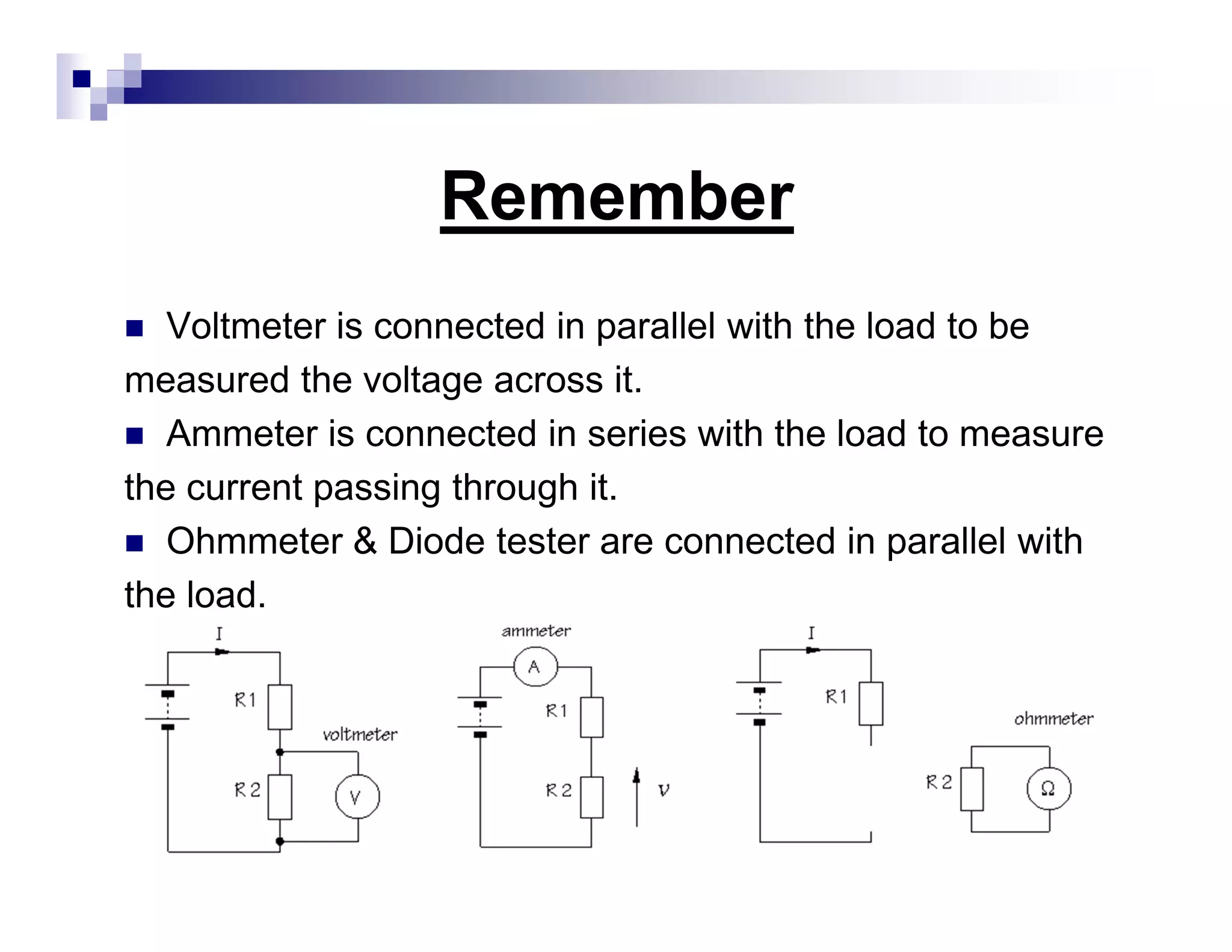Remember
Voltmeter is connected in parallel with the load to be
measured the voltage across it.
Ammeter is connected in series with the load to measure
the current passing through it.
Ohmmeter & Diode tester are connected in parallel with
the load.
 