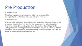 Pre Production
1: An idea is born
This phase includes how a programme is born as an idea and its
conceptualization. The topic or subject matter is decided.
2: Plan of action
After the topic is decided, a plan of action is worked out .Here the format of the
progamme is determined i.e. whether the programme is a talk, discussion,
interview, drama, documentary etc. Once that is clear, the right person for
writing the script and the performers are decided. The plan of action would also
determine the equipment for outside recordings that are required. The time and
venue of the recording are also worked out.
 