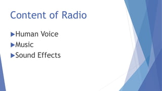 Content of Radio
Human Voice
Music
Sound Effects
 