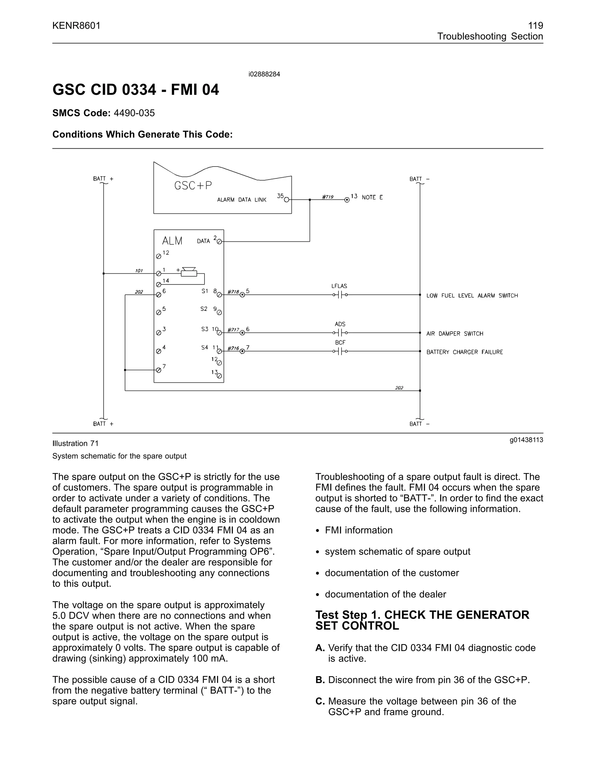 KENR8601 119
Troubleshooting Section
i02888284
GSC CID 0334 - FMI 04
SMCS Code: 4490-035
Conditions Which Generate This Code:
g01438113
Illustration 71
System schematic for the spare output
The spare output on the GSC+P is strictly for the use
of customers. The spare output is programmable in
order to activate under a variety of conditions. The
default parameter programming causes the GSC+P
to activate the output when the engine is in cooldown
mode. The GSC+P treats a CID 0334 FMI 04 as an
alarm fault. For more information, refer to Systems
Operation, “Spare Input/Output Programming OP6”.
The customer and/or the dealer are responsible for
documenting and troubleshooting any connections
to this output.
The voltage on the spare output is approximately
5.0 DCV when there are no connections and when
the spare output is not active. When the spare
output is active, the voltage on the spare output is
approximately 0 volts. The spare output is capable of
drawing (sinking) approximately 100 mA.
The possible cause of a CID 0334 FMI 04 is a short
from the negative battery terminal (“ BATT-”) to the
spare output signal.
Troubleshooting of a spare output fault is direct. The
FMI deﬁnes the fault. FMI 04 occurs when the spare
output is shorted to “BATT-”. In order to ﬁnd the exact
cause of the fault, use the following information.
• FMI information
• system schematic of spare output
• documentation of the customer
• documentation of the dealer
Test Step 1. CHECK THE GENERATOR
SET CONTROL
A. Verify that the CID 0334 FMI 04 diagnostic code
is active.
B. Disconnect the wire from pin 36 of the GSC+P.
C. Measure the voltage between pin 36 of the
GSC+P and frame ground.
 