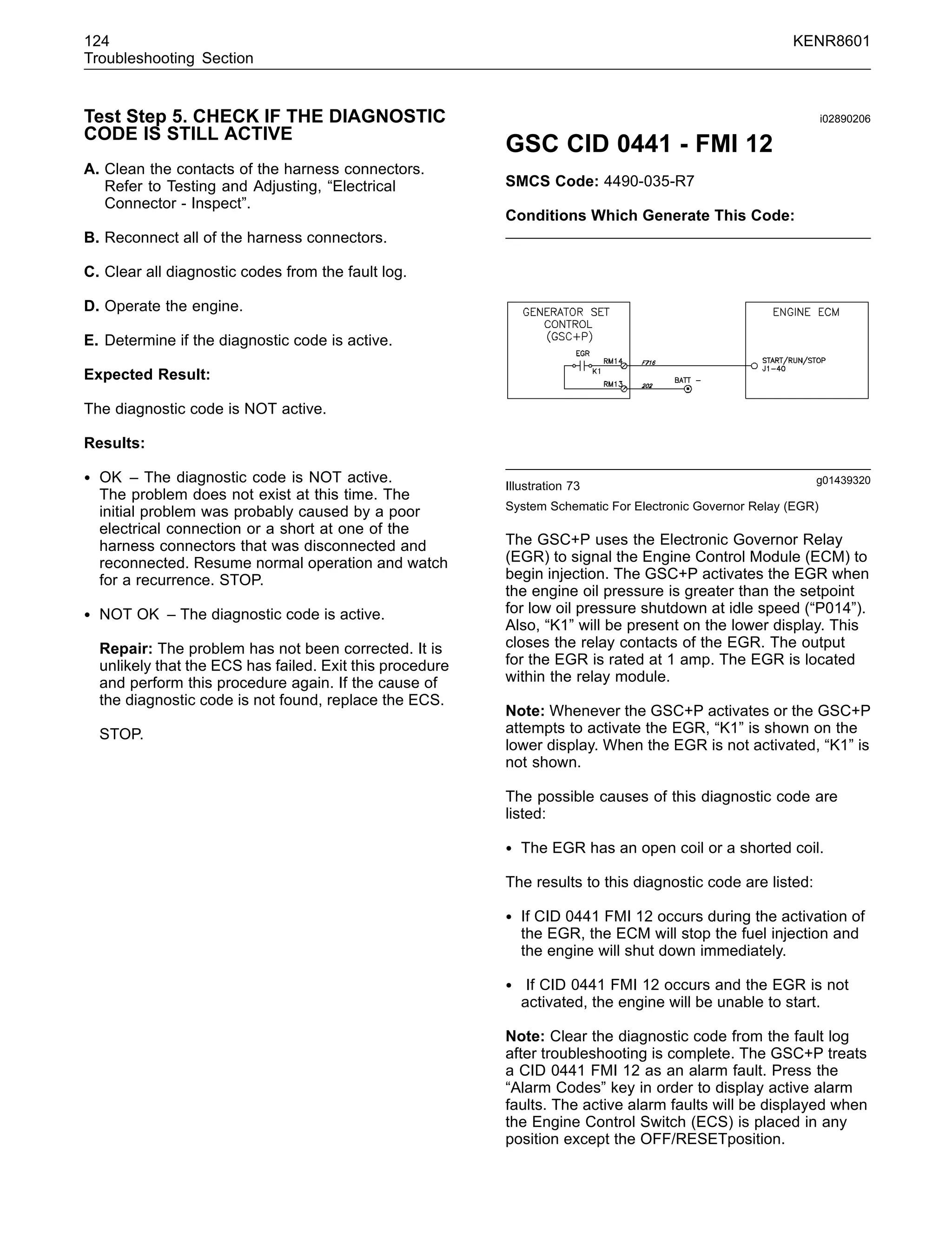 124 KENR8601
Troubleshooting Section
Test Step 5. CHECK IF THE DIAGNOSTIC
CODE IS STILL ACTIVE
A. Clean the contacts of the harness connectors.
Refer to Testing and Adjusting, “Electrical
Connector - Inspect”.
B. Reconnect all of the harness connectors.
C. Clear all diagnostic codes from the fault log.
D. Operate the engine.
E. Determine if the diagnostic code is active.
Expected Result:
The diagnostic code is NOT active.
Results:
• OK – The diagnostic code is NOT active.
The problem does not exist at this time. The
initial problem was probably caused by a poor
electrical connection or a short at one of the
harness connectors that was disconnected and
reconnected. Resume normal operation and watch
for a recurrence. STOP.
• NOT OK – The diagnostic code is active.
Repair: The problem has not been corrected. It is
unlikely that the ECS has failed. Exit this procedure
and perform this procedure again. If the cause of
the diagnostic code is not found, replace the ECS.
STOP.
i02890206
GSC CID 0441 - FMI 12
SMCS Code: 4490-035-R7
Conditions Which Generate This Code:
g01439320
Illustration 73
System Schematic For Electronic Governor Relay (EGR)
The GSC+P uses the Electronic Governor Relay
(EGR) to signal the Engine Control Module (ECM) to
begin injection. The GSC+P activates the EGR when
the engine oil pressure is greater than the setpoint
for low oil pressure shutdown at idle speed (“P014”).
Also, “K1” will be present on the lower display. This
closes the relay contacts of the EGR. The output
for the EGR is rated at 1 amp. The EGR is located
within the relay module.
Note: Whenever the GSC+P activates or the GSC+P
attempts to activate the EGR, “K1” is shown on the
lower display. When the EGR is not activated, “K1” is
not shown.
The possible causes of this diagnostic code are
listed:
• The EGR has an open coil or a shorted coil.
The results to this diagnostic code are listed:
• If CID 0441 FMI 12 occurs during the activation of
the EGR, the ECM will stop the fuel injection and
the engine will shut down immediately.
• If CID 0441 FMI 12 occurs and the EGR is not
activated, the engine will be unable to start.
Note: Clear the diagnostic code from the fault log
after troubleshooting is complete. The GSC+P treats
a CID 0441 FMI 12 as an alarm fault. Press the
“Alarm Codes” key in order to display active alarm
faults. The active alarm faults will be displayed when
the Engine Control Switch (ECS) is placed in any
position except the OFF/RESETposition.
 