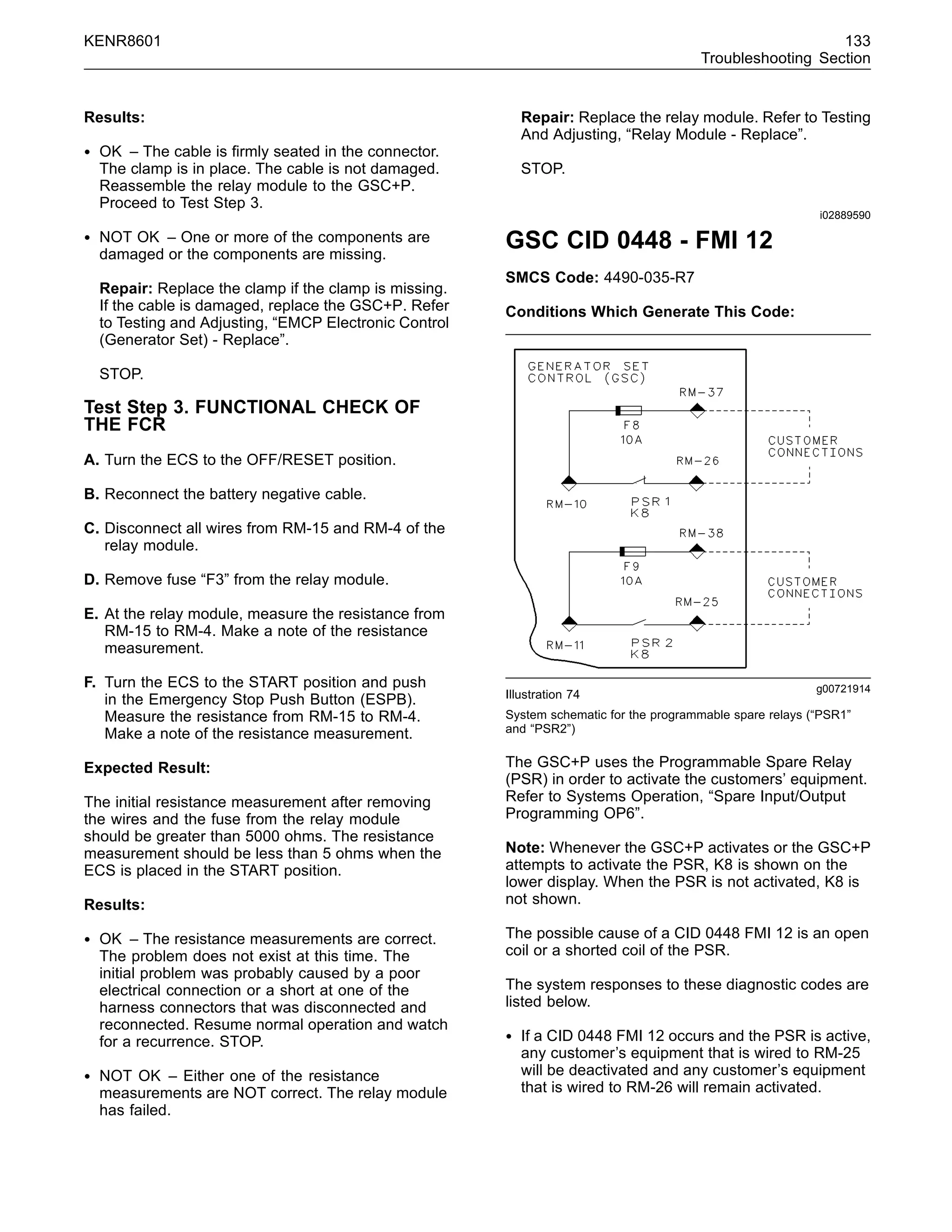 KENR8601 133
Troubleshooting Section
Results:
• OK – The cable is ﬁrmly seated in the connector.
The clamp is in place. The cable is not damaged.
Reassemble the relay module to the GSC+P.
Proceed to Test Step 3.
• NOT OK – One or more of the components are
damaged or the components are missing.
Repair: Replace the clamp if the clamp is missing.
If the cable is damaged, replace the GSC+P. Refer
to Testing and Adjusting, “EMCP Electronic Control
(Generator Set) - Replace”.
STOP.
Test Step 3. FUNCTIONAL CHECK OF
THE FCR
A. Turn the ECS to the OFF/RESET position.
B. Reconnect the battery negative cable.
C. Disconnect all wires from RM-15 and RM-4 of the
relay module.
D. Remove fuse “F3” from the relay module.
E. At the relay module, measure the resistance from
RM-15 to RM-4. Make a note of the resistance
measurement.
F. Turn the ECS to the START position and push
in the Emergency Stop Push Button (ESPB).
Measure the resistance from RM-15 to RM-4.
Make a note of the resistance measurement.
Expected Result:
The initial resistance measurement after removing
the wires and the fuse from the relay module
should be greater than 5000 ohms. The resistance
measurement should be less than 5 ohms when the
ECS is placed in the START position.
Results:
• OK – The resistance measurements are correct.
The problem does not exist at this time. The
initial problem was probably caused by a poor
electrical connection or a short at one of the
harness connectors that was disconnected and
reconnected. Resume normal operation and watch
for a recurrence. STOP.
• NOT OK – Either one of the resistance
measurements are NOT correct. The relay module
has failed.
Repair: Replace the relay module. Refer to Testing
And Adjusting, “Relay Module - Replace”.
STOP.
i02889590
GSC CID 0448 - FMI 12
SMCS Code: 4490-035-R7
Conditions Which Generate This Code:
g00721914
Illustration 74
System schematic for the programmable spare relays (“PSR1”
and “PSR2”)
The GSC+P uses the Programmable Spare Relay
(PSR) in order to activate the customers’ equipment.
Refer to Systems Operation, “Spare Input/Output
Programming OP6”.
Note: Whenever the GSC+P activates or the GSC+P
attempts to activate the PSR, K8 is shown on the
lower display. When the PSR is not activated, K8 is
not shown.
The possible cause of a CID 0448 FMI 12 is an open
coil or a shorted coil of the PSR.
The system responses to these diagnostic codes are
listed below.
• If a CID 0448 FMI 12 occurs and the PSR is active,
any customer’s equipment that is wired to RM-25
will be deactivated and any customer’s equipment
that is wired to RM-26 will remain activated.
 