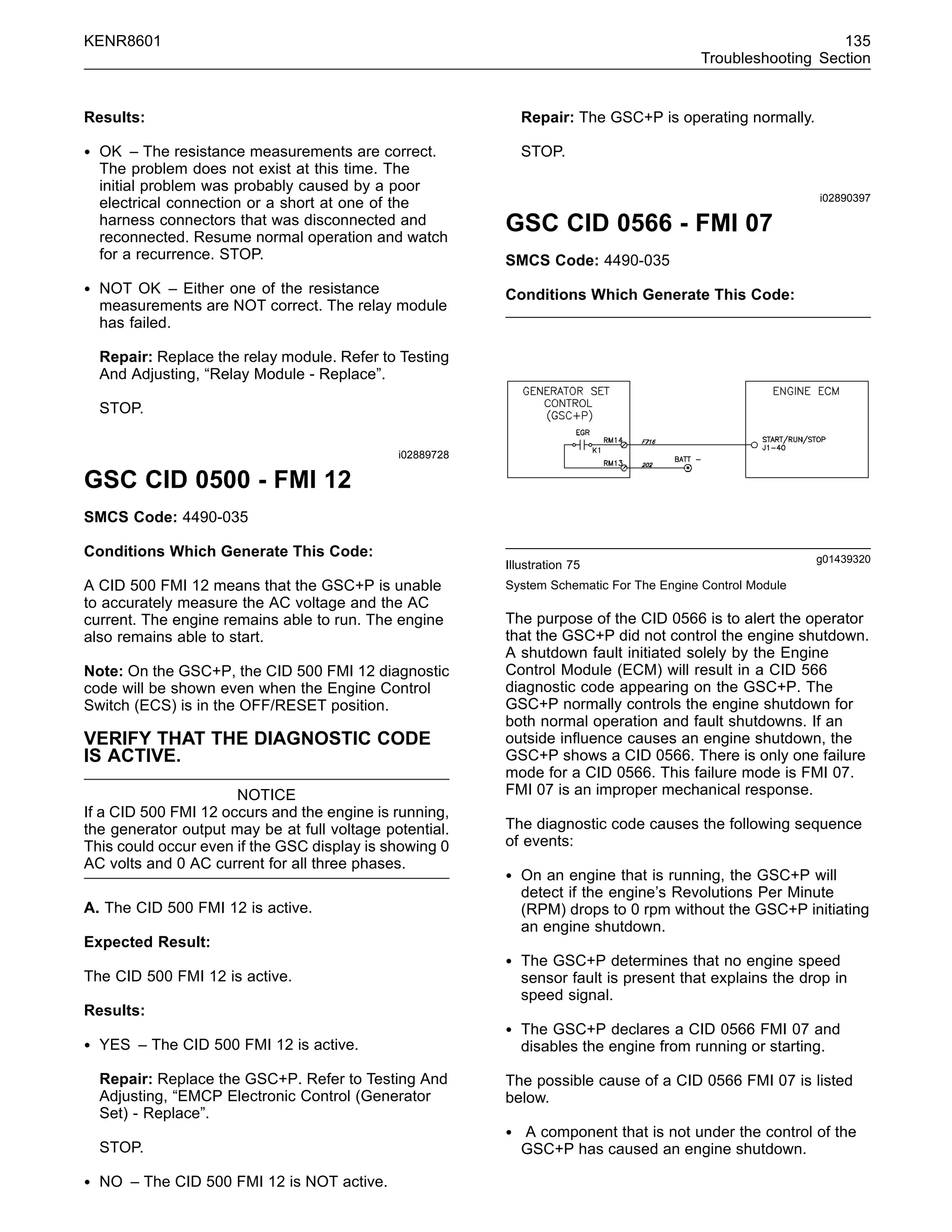 KENR8601 135
Troubleshooting Section
Results:
• OK – The resistance measurements are correct.
The problem does not exist at this time. The
initial problem was probably caused by a poor
electrical connection or a short at one of the
harness connectors that was disconnected and
reconnected. Resume normal operation and watch
for a recurrence. STOP.
• NOT OK – Either one of the resistance
measurements are NOT correct. The relay module
has failed.
Repair: Replace the relay module. Refer to Testing
And Adjusting, “Relay Module - Replace”.
STOP.
i02889728
GSC CID 0500 - FMI 12
SMCS Code: 4490-035
Conditions Which Generate This Code:
A CID 500 FMI 12 means that the GSC+P is unable
to accurately measure the AC voltage and the AC
current. The engine remains able to run. The engine
also remains able to start.
Note: On the GSC+P, the CID 500 FMI 12 diagnostic
code will be shown even when the Engine Control
Switch (ECS) is in the OFF/RESET position.
VERIFY THAT THE DIAGNOSTIC CODE
IS ACTIVE.
NOTICE
If a CID 500 FMI 12 occurs and the engine is running,
the generator output may be at full voltage potential.
This could occur even if the GSC display is showing 0
AC volts and 0 AC current for all three phases.
A. The CID 500 FMI 12 is active.
Expected Result:
The CID 500 FMI 12 is active.
Results:
• YES – The CID 500 FMI 12 is active.
Repair: Replace the GSC+P. Refer to Testing And
Adjusting, “EMCP Electronic Control (Generator
Set) - Replace”.
STOP.
• NO – The CID 500 FMI 12 is NOT active.
Repair: The GSC+P is operating normally.
STOP.
i02890397
GSC CID 0566 - FMI 07
SMCS Code: 4490-035
Conditions Which Generate This Code:
g01439320
Illustration 75
System Schematic For The Engine Control Module
The purpose of the CID 0566 is to alert the operator
that the GSC+P did not control the engine shutdown.
A shutdown fault initiated solely by the Engine
Control Module (ECM) will result in a CID 566
diagnostic code appearing on the GSC+P. The
GSC+P normally controls the engine shutdown for
both normal operation and fault shutdowns. If an
outside inﬂuence causes an engine shutdown, the
GSC+P shows a CID 0566. There is only one failure
mode for a CID 0566. This failure mode is FMI 07.
FMI 07 is an improper mechanical response.
The diagnostic code causes the following sequence
of events:
• On an engine that is running, the GSC+P will
detect if the engine’s Revolutions Per Minute
(RPM) drops to 0 rpm without the GSC+P initiating
an engine shutdown.
• The GSC+P determines that no engine speed
sensor fault is present that explains the drop in
speed signal.
• The GSC+P declares a CID 0566 FMI 07 and
disables the engine from running or starting.
The possible cause of a CID 0566 FMI 07 is listed
below.
• A component that is not under the control of the
GSC+P has caused an engine shutdown.
 