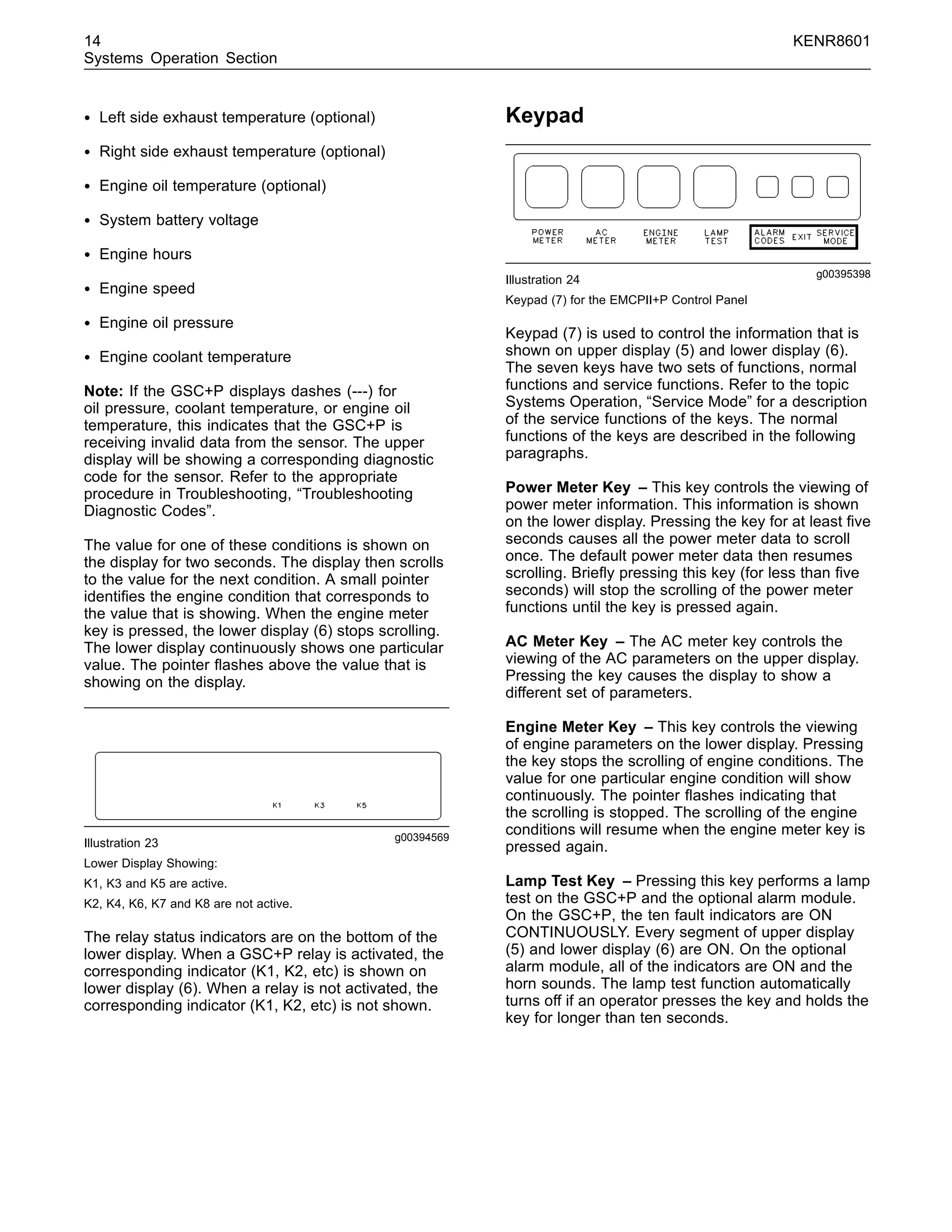 14 KENR8601
Systems Operation Section
• Left side exhaust temperature (optional)
• Right side exhaust temperature (optional)
• Engine oil temperature (optional)
• System battery voltage
• Engine hours
• Engine speed
• Engine oil pressure
• Engine coolant temperature
Note: If the GSC+P displays dashes (---) for
oil pressure, coolant temperature, or engine oil
temperature, this indicates that the GSC+P is
receiving invalid data from the sensor. The upper
display will be showing a corresponding diagnostic
code for the sensor. Refer to the appropriate
procedure in Troubleshooting, “Troubleshooting
Diagnostic Codes”.
The value for one of these conditions is shown on
the display for two seconds. The display then scrolls
to the value for the next condition. A small pointer
identiﬁes the engine condition that corresponds to
the value that is showing. When the engine meter
key is pressed, the lower display (6) stops scrolling.
The lower display continuously shows one particular
value. The pointer ﬂashes above the value that is
showing on the display.
g00394569
Illustration 23
Lower Display Showing:
K1, K3 and K5 are active.
K2, K4, K6, K7 and K8 are not active.
The relay status indicators are on the bottom of the
lower display. When a GSC+P relay is activated, the
corresponding indicator (K1, K2, etc) is shown on
lower display (6). When a relay is not activated, the
corresponding indicator (K1, K2, etc) is not shown.
Keypad
g00395398
Illustration 24
Keypad (7) for the EMCPII+P Control Panel
Keypad (7) is used to control the information that is
shown on upper display (5) and lower display (6).
The seven keys have two sets of functions, normal
functions and service functions. Refer to the topic
Systems Operation, “Service Mode” for a description
of the service functions of the keys. The normal
functions of the keys are described in the following
paragraphs.
Power Meter Key – This key controls the viewing of
power meter information. This information is shown
on the lower display. Pressing the key for at least ﬁve
seconds causes all the power meter data to scroll
once. The default power meter data then resumes
scrolling. Brieﬂy pressing this key (for less than ﬁve
seconds) will stop the scrolling of the power meter
functions until the key is pressed again.
AC Meter Key – The AC meter key controls the
viewing of the AC parameters on the upper display.
Pressing the key causes the display to show a
different set of parameters.
Engine Meter Key – This key controls the viewing
of engine parameters on the lower display. Pressing
the key stops the scrolling of engine conditions. The
value for one particular engine condition will show
continuously. The pointer ﬂashes indicating that
the scrolling is stopped. The scrolling of the engine
conditions will resume when the engine meter key is
pressed again.
Lamp Test Key – Pressing this key performs a lamp
test on the GSC+P and the optional alarm module.
On the GSC+P, the ten fault indicators are ON
CONTINUOUSLY. Every segment of upper display
(5) and lower display (6) are ON. On the optional
alarm module, all of the indicators are ON and the
horn sounds. The lamp test function automatically
turns off if an operator presses the key and holds the
key for longer than ten seconds.
 
