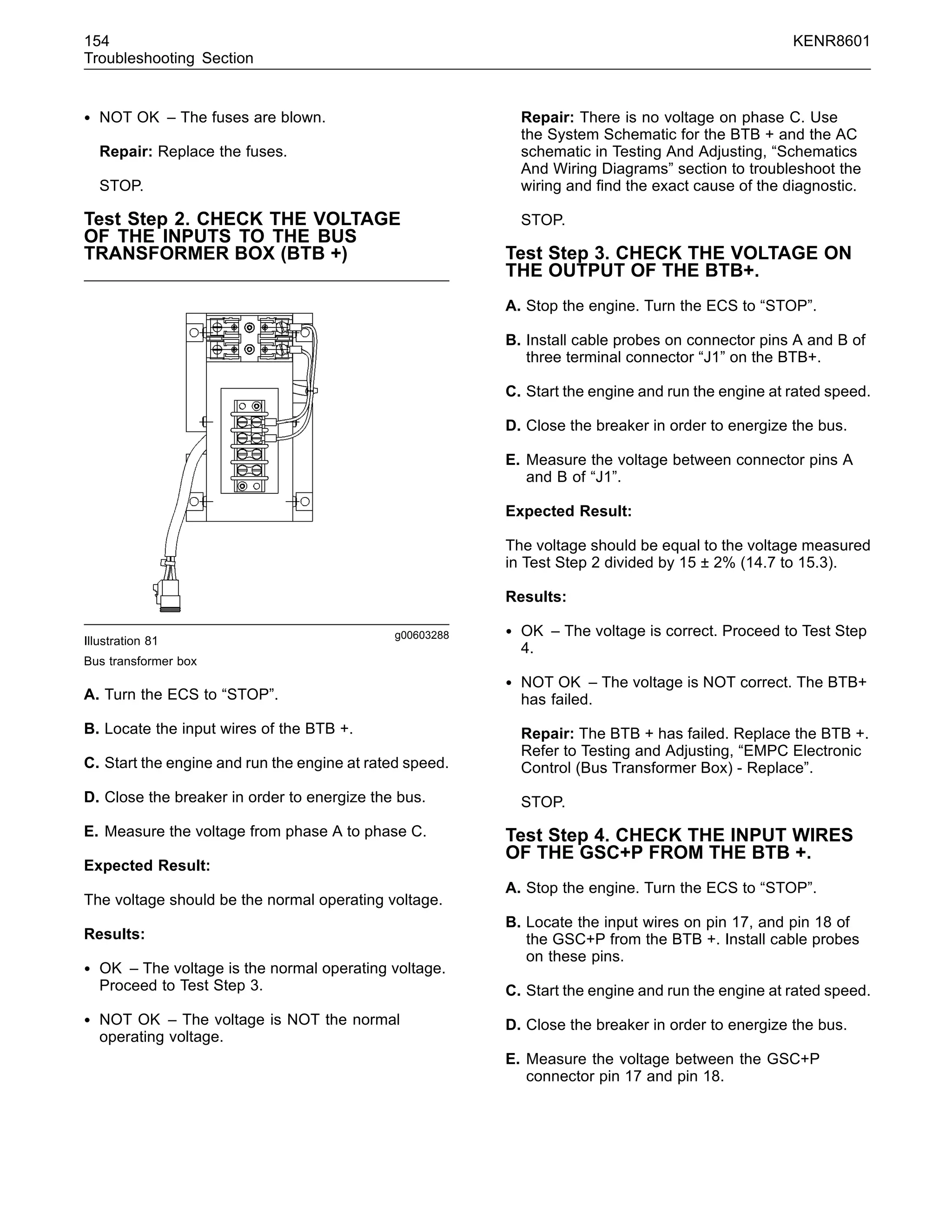 154 KENR8601
Troubleshooting Section
• NOT OK – The fuses are blown.
Repair: Replace the fuses.
STOP.
Test Step 2. CHECK THE VOLTAGE
OF THE INPUTS TO THE BUS
TRANSFORMER BOX (BTB +)
g00603288
Illustration 81
Bus transformer box
A. Turn the ECS to “STOP”.
B. Locate the input wires of the BTB +.
C. Start the engine and run the engine at rated speed.
D. Close the breaker in order to energize the bus.
E. Measure the voltage from phase A to phase C.
Expected Result:
The voltage should be the normal operating voltage.
Results:
• OK – The voltage is the normal operating voltage.
Proceed to Test Step 3.
• NOT OK – The voltage is NOT the normal
operating voltage.
Repair: There is no voltage on phase C. Use
the System Schematic for the BTB + and the AC
schematic in Testing And Adjusting, “Schematics
And Wiring Diagrams” section to troubleshoot the
wiring and ﬁnd the exact cause of the diagnostic.
STOP.
Test Step 3. CHECK THE VOLTAGE ON
THE OUTPUT OF THE BTB+.
A. Stop the engine. Turn the ECS to “STOP”.
B. Install cable probes on connector pins A and B of
three terminal connector “J1” on the BTB+.
C. Start the engine and run the engine at rated speed.
D. Close the breaker in order to energize the bus.
E. Measure the voltage between connector pins A
and B of “J1”.
Expected Result:
The voltage should be equal to the voltage measured
in Test Step 2 divided by 15 ± 2% (14.7 to 15.3).
Results:
• OK – The voltage is correct. Proceed to Test Step
4.
• NOT OK – The voltage is NOT correct. The BTB+
has failed.
Repair: The BTB + has failed. Replace the BTB +.
Refer to Testing and Adjusting, “EMPC Electronic
Control (Bus Transformer Box) - Replace”.
STOP.
Test Step 4. CHECK THE INPUT WIRES
OF THE GSC+P FROM THE BTB +.
A. Stop the engine. Turn the ECS to “STOP”.
B. Locate the input wires on pin 17, and pin 18 of
the GSC+P from the BTB +. Install cable probes
on these pins.
C. Start the engine and run the engine at rated speed.
D. Close the breaker in order to energize the bus.
E. Measure the voltage between the GSC+P
connector pin 17 and pin 18.
 