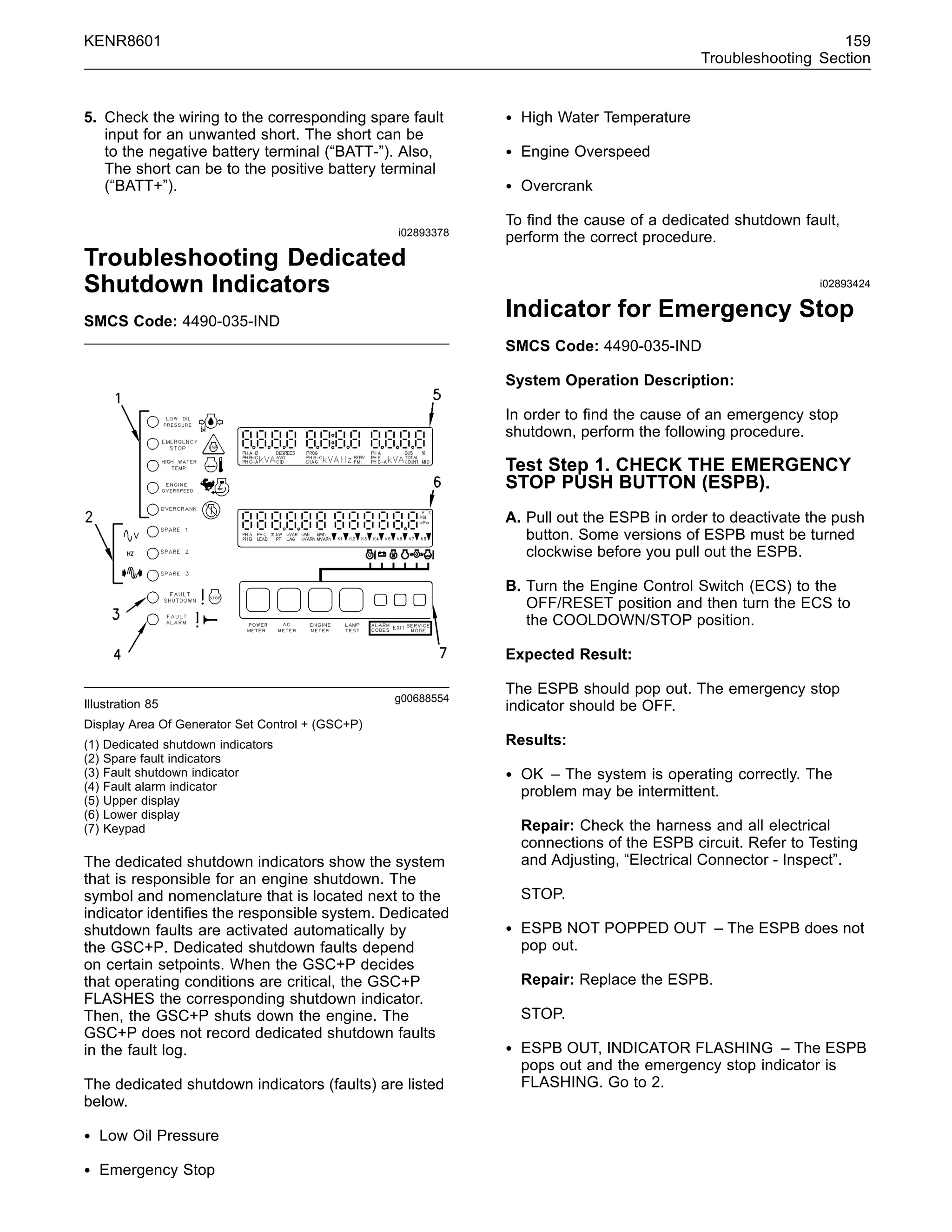 KENR8601 159
Troubleshooting Section
5. Check the wiring to the corresponding spare fault
input for an unwanted short. The short can be
to the negative battery terminal (“BATT-”). Also,
The short can be to the positive battery terminal
(“BATT+”).
i02893378
Troubleshooting Dedicated
Shutdown Indicators
SMCS Code: 4490-035-IND
g00688554
Illustration 85
Display Area Of Generator Set Control + (GSC+P)
(1) Dedicated shutdown indicators
(2) Spare fault indicators
(3) Fault shutdown indicator
(4) Fault alarm indicator
(5) Upper display
(6) Lower display
(7) Keypad
The dedicated shutdown indicators show the system
that is responsible for an engine shutdown. The
symbol and nomenclature that is located next to the
indicator identiﬁes the responsible system. Dedicated
shutdown faults are activated automatically by
the GSC+P. Dedicated shutdown faults depend
on certain setpoints. When the GSC+P decides
that operating conditions are critical, the GSC+P
FLASHES the corresponding shutdown indicator.
Then, the GSC+P shuts down the engine. The
GSC+P does not record dedicated shutdown faults
in the fault log.
The dedicated shutdown indicators (faults) are listed
below.
• Low Oil Pressure
• Emergency Stop
• High Water Temperature
• Engine Overspeed
• Overcrank
To ﬁnd the cause of a dedicated shutdown fault,
perform the correct procedure.
i02893424
Indicator for Emergency Stop
SMCS Code: 4490-035-IND
System Operation Description:
In order to ﬁnd the cause of an emergency stop
shutdown, perform the following procedure.
Test Step 1. CHECK THE EMERGENCY
STOP PUSH BUTTON (ESPB).
A. Pull out the ESPB in order to deactivate the push
button. Some versions of ESPB must be turned
clockwise before you pull out the ESPB.
B. Turn the Engine Control Switch (ECS) to the
OFF/RESET position and then turn the ECS to
the COOLDOWN/STOP position.
Expected Result:
The ESPB should pop out. The emergency stop
indicator should be OFF.
Results:
• OK – The system is operating correctly. The
problem may be intermittent.
Repair: Check the harness and all electrical
connections of the ESPB circuit. Refer to Testing
and Adjusting, “Electrical Connector - Inspect”.
STOP.
• ESPB NOT POPPED OUT – The ESPB does not
pop out.
Repair: Replace the ESPB.
STOP.
• ESPB OUT, INDICATOR FLASHING – The ESPB
pops out and the emergency stop indicator is
FLASHING. Go to 2.
 